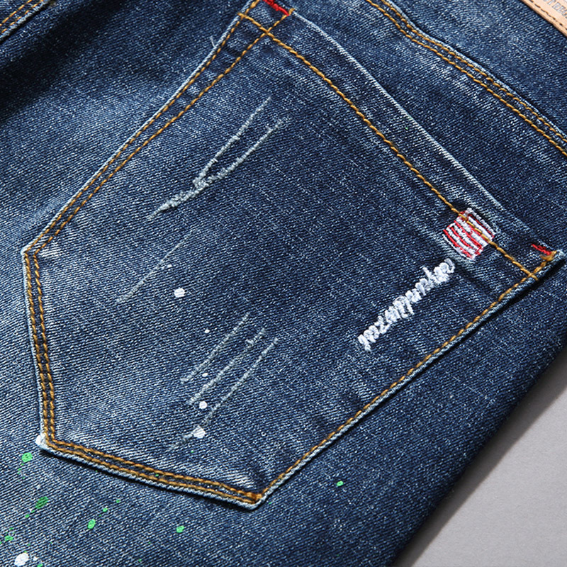 Men's Slim Fit Stretch Jeans – Distressed Embroidered Straight-Leg Denim Pants With Paint Splatter & Patchwork (28-38)_voghion.com