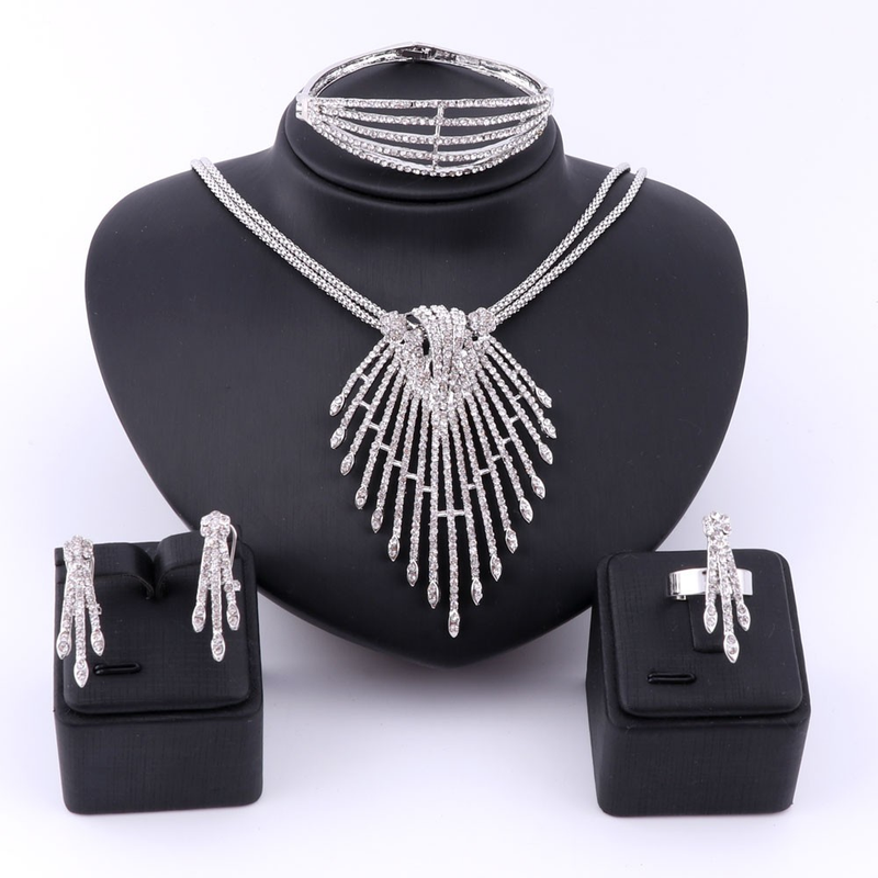 Feine afrikanische Perlen Schmucksets Halskette Armreif Ohrringe Ringe Kristall Party Hochzeit Goldfarbe Brautzubehör_voghion.com