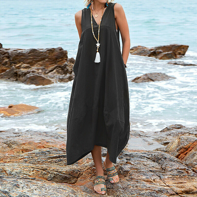 Nuovo abito casual da spiaggia con tasca con scollo a V in lino di cotone_voghion.com