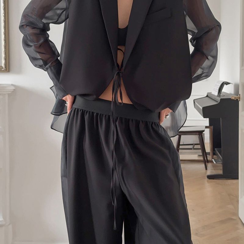 Autumn New Lace-Up Mesh Blazer Loose Wide-Leg Pants Set Design Sense Elegant Casual 2025 Cross-Border_voghion.com