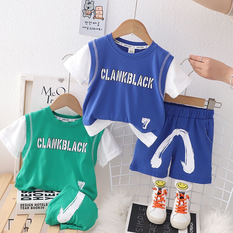 2024 Hot Selling Summer New Boys Matching Solid Color Letter Short Sleeve Shorts Two Piece Set_voghion.com