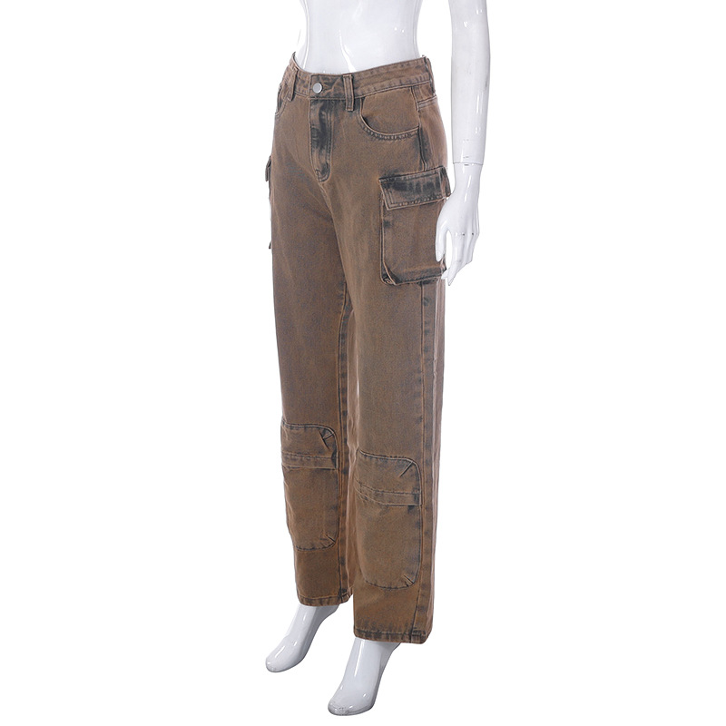 K23PT003 Pantaloni casual in denim da tasca a vita alta con bottoni casual a tinta unita estivi da donna_voghion.com