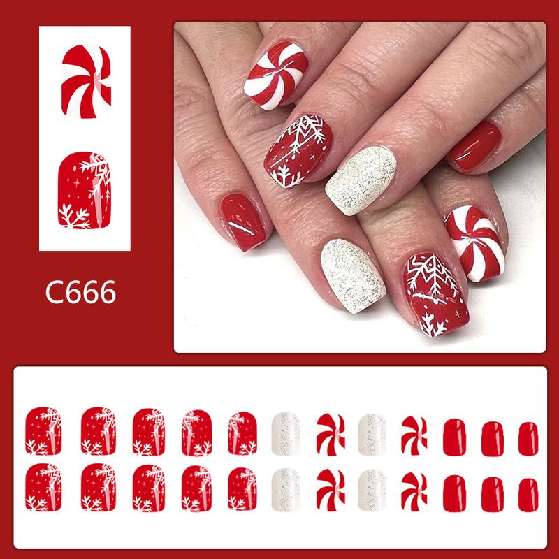 Short Gloss Square Armor 2024 Neue Weihnachten Weiße Schneeflocke Gestreift Rot mit Weiß Glitter Pulver 24 Stück_voghion.com