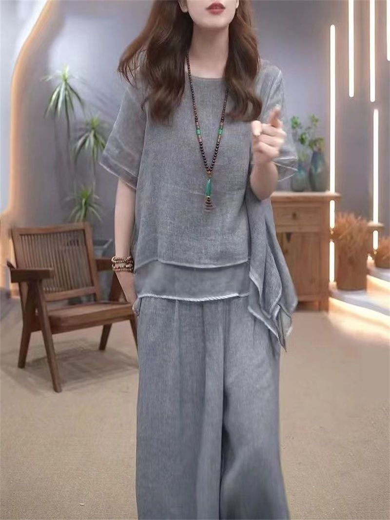 Ensemble deux pièces élégant en coton et lin pour femme, style ethnique, ample et amincissant, couvrant le ventre, été 2024_voghion.com