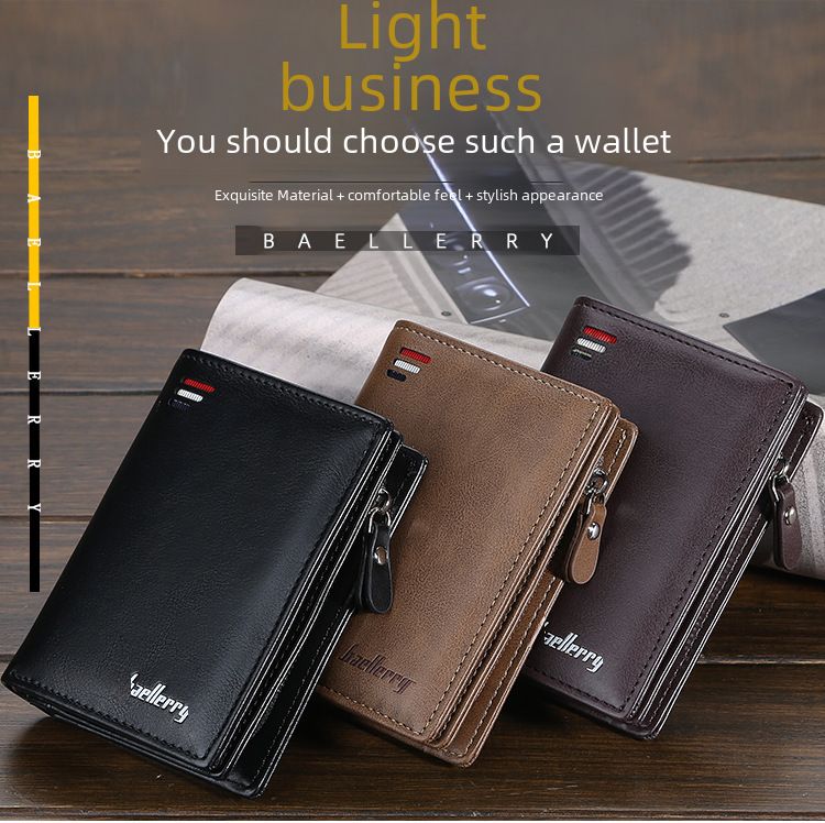 New zipper short wallet men's multi-card fashion vertical mini snap button coin purse men's card bag_voghion.com