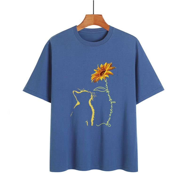 women's tops sunflower cat print loose round neck short sleeve large size T-shirt_voghion.com