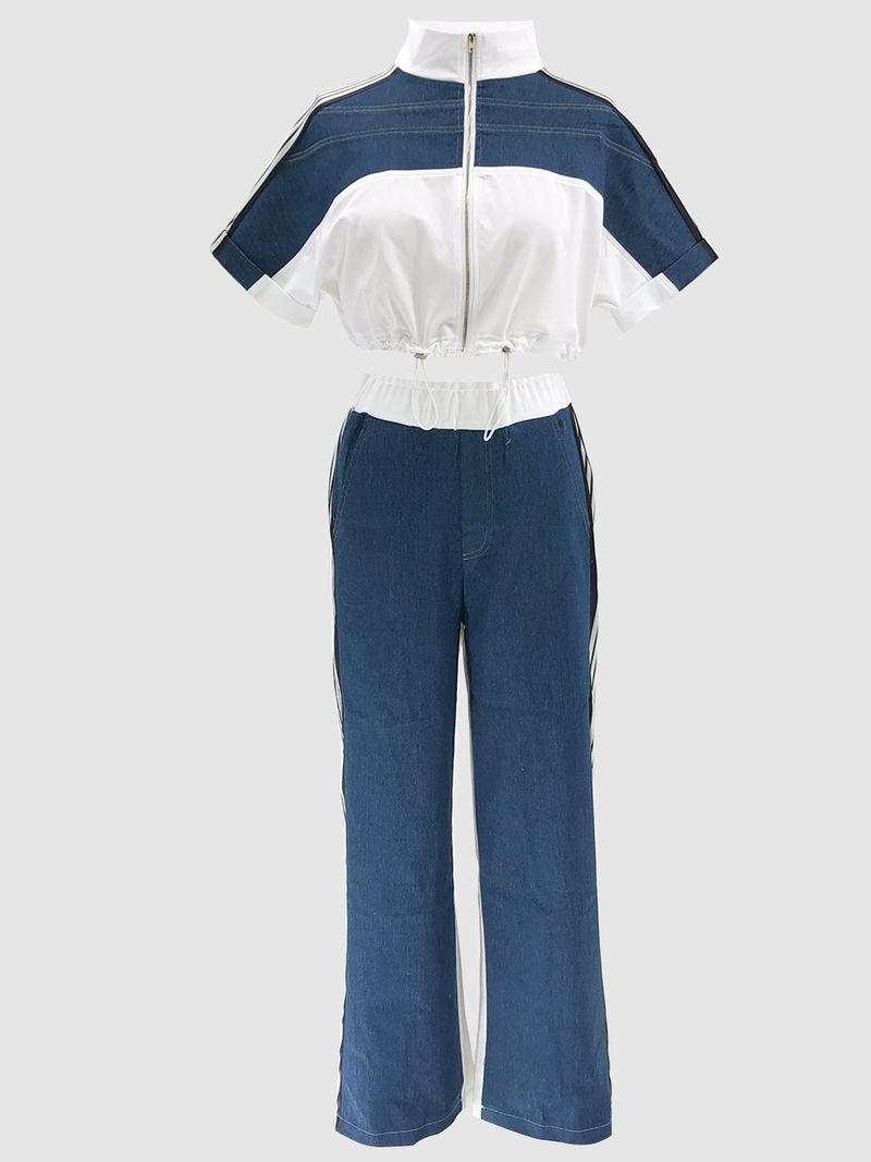 Dametøj Denimsøm Farve Stand Up Krave Lynlås Top Brede benbukser Todelt sæt_voghion.com