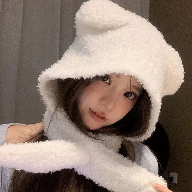 Neu Und Schal Set Zweiteilige Plüsch Bär Warm Gestrickt Für Frauen Winter Gehörschutz Kopf Wrap Hut_voghion.com