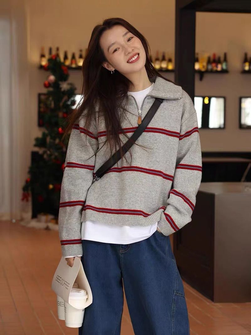 Wolle Koreanischen Stil Gestreiften Half-Zip Polo Kragen Pullover Für Frauen 2024 Neue Lose Faul Gestrickte Top_voghion.com