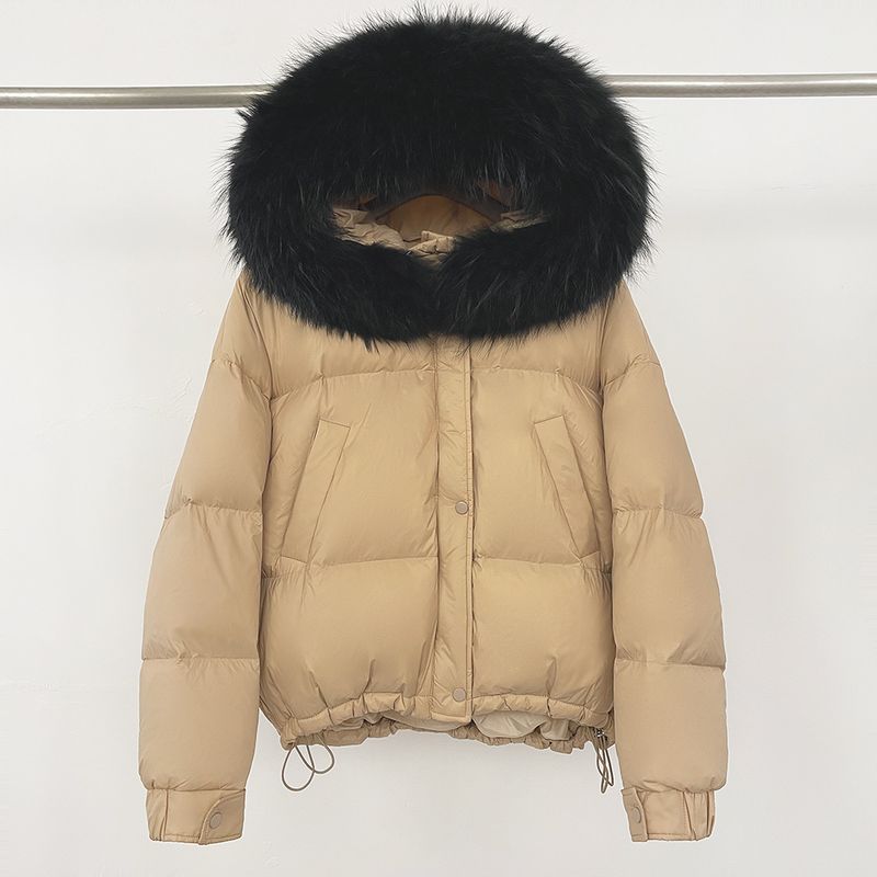 Piumino corto invernale da donna con cappuccio di pelliccia staccabile - 85% piumino d'anatra bianca, vestibilità ampia e spessa, ricamo 3D_voghion.com