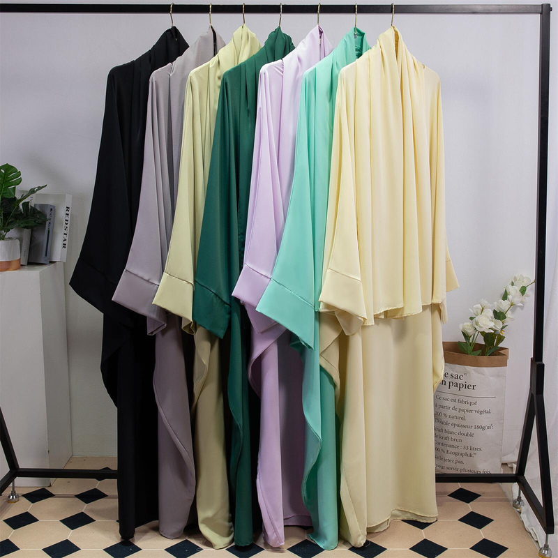 Dammekleeder Einfarweg Arabesch Kleed Fraekleed mat Kappduch Abaya Casual Loose Fliedermausärmel Robe_voghion.com