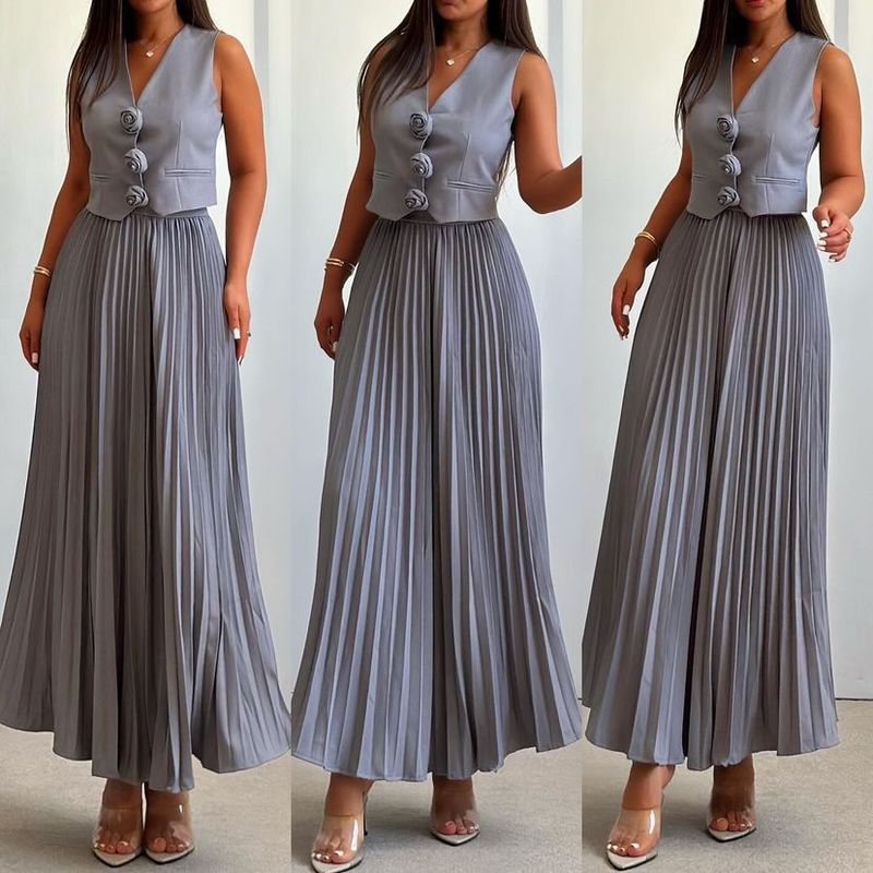 Damenbekleidung, neue Anzüge für Damen, Sommer, ärmellose Weste, halblanger, plissierter langer Rock, zweiteiliger Anzug_voghion.com