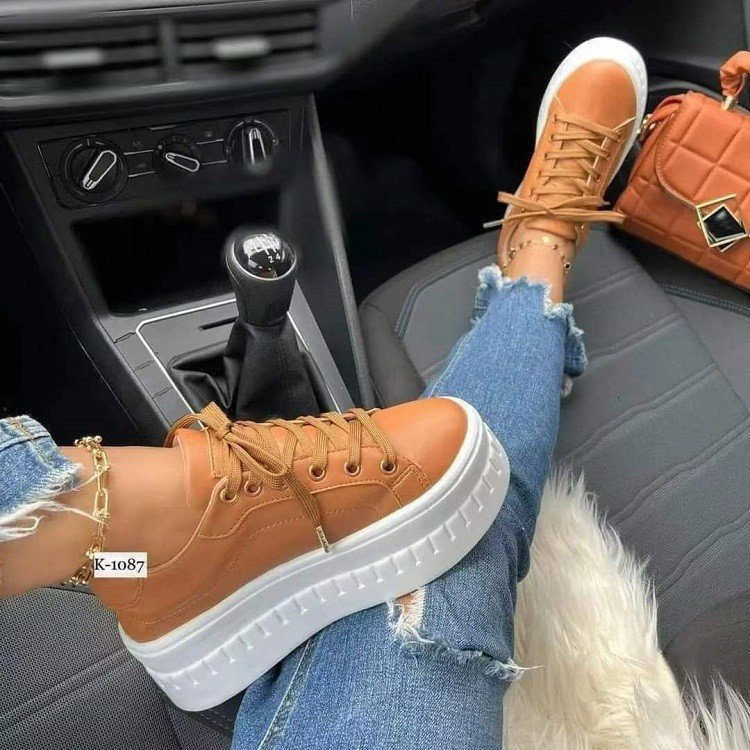 Pantofi sport cu talpă groasă, mărime mare, cu dantelă, culoare solidă, stil sport, pantofi cu talpă platformă pentru femei, culoare solidă, comerț exterior european și american_voghion.com