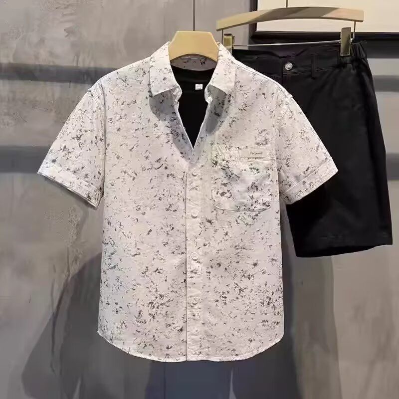 Camicia da spiaggia a maniche corte in seta di ghiaccio con stampa a schizzi d'inchiostro, da uomo, estiva, sottile e ampia, a mezza manica_voghion.com