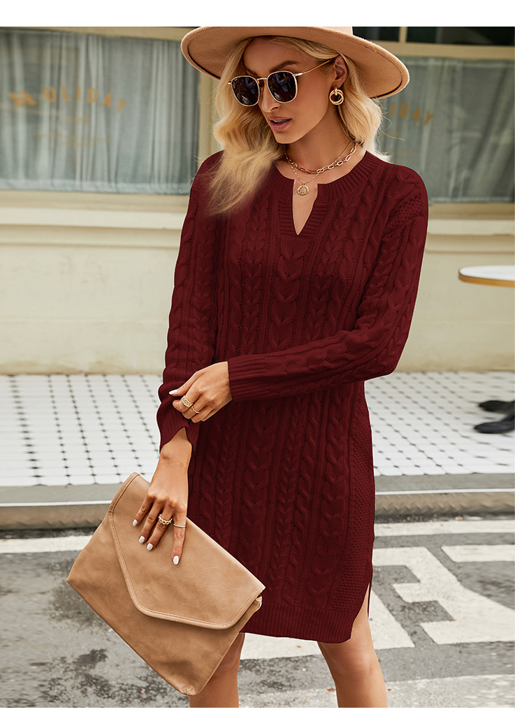Damen-Strickkleid mit gedrehten Blumen, mittellang, einfarbig, Schlitz, lockeres Pullover-Pullover-Kleid für Damen_voghion.com