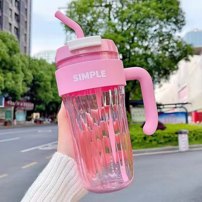 920 ml großer Wasserbecher aus Kunststoff, gestreifter transparenter Kaffeebecher mit Strohhalm, hochtemperaturbeständige Wasserflasche mit Griff_voghion.com