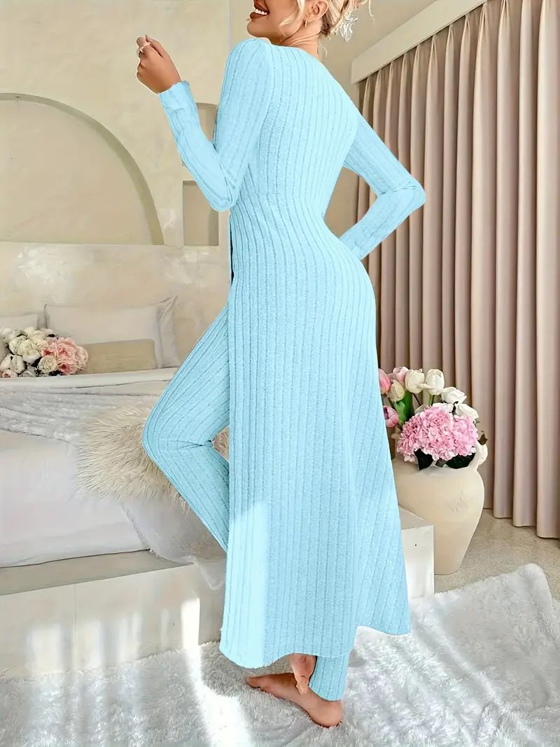 Damen Kleidung Design Rundhals Split Langarm Zweiteiler Anzug Gerippt Frühling_voghion.com