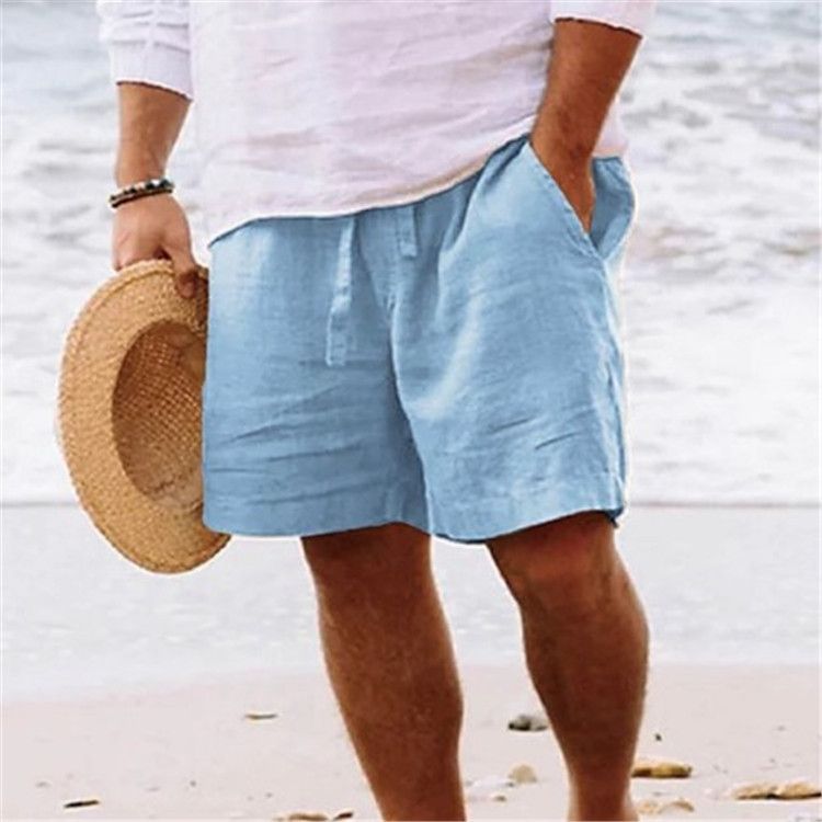 Pantalones cortos de algodón y lino para hombre, de verano, lisos, con cordón ajustable, cintura elástica y bolsillos, informales, para playa_voghion.com