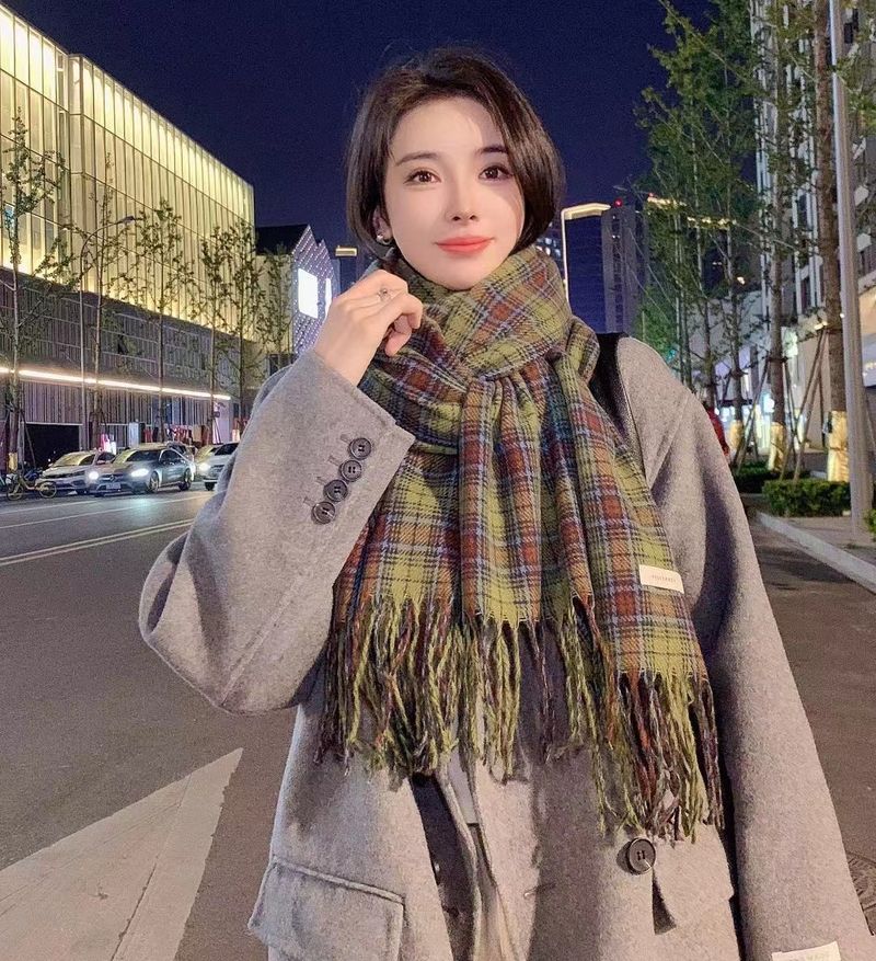 Bufanda chal coreana a cuadros verdes para mujer, otoño-invierno, versátil, gruesa y cálida de alta gama para hombre._voghion.com