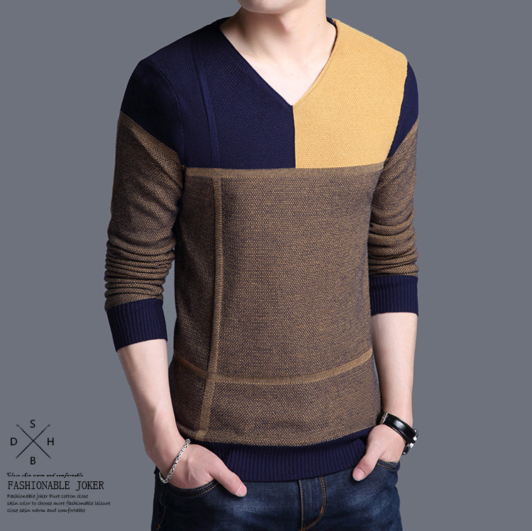 Autumn knitted fashionable and casual V-neck color matching pullover, middle-aged base sweater, men's_voghion.com