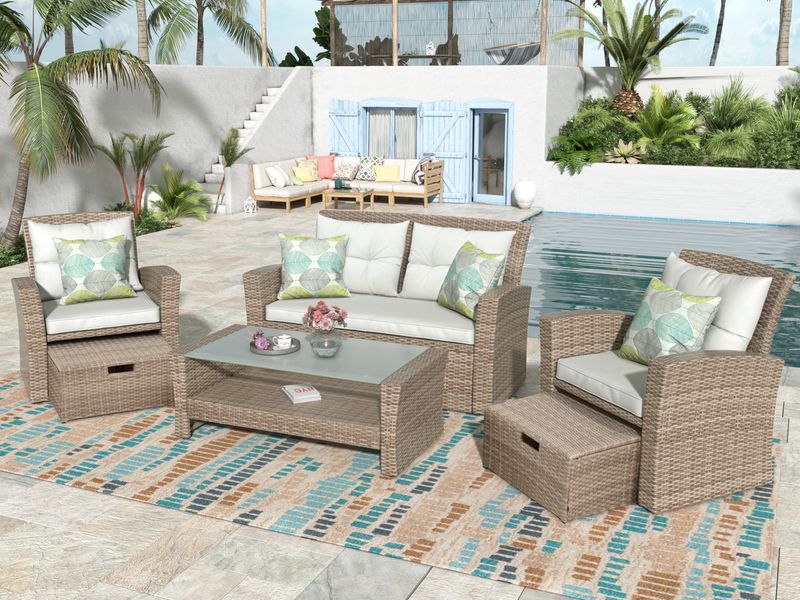 Patio Furniture Set; 4 Piece Outdoor Conversation Set All Weather Wicker Sectional Sofa with Ottoman and Cushions_voghion.com