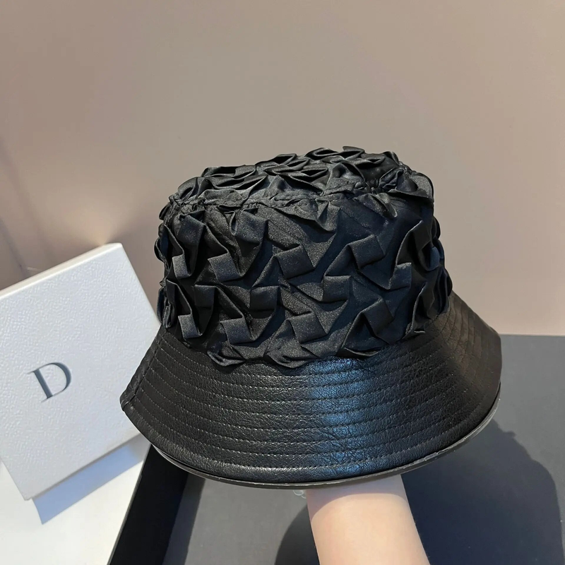 Cappello a secchiello con tesa in pelle di alta qualità, moda, pieghettato, piccolo profumo, leggero, leggero, cappello da bacino, cappello casual da donna
_voghion.com