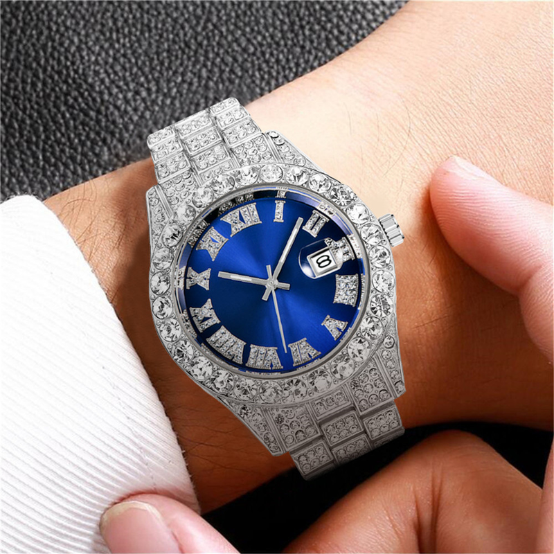 Herren-Hip-Hop-Uhr Iced, vollständig mit AAA-Diamanten umgeben, Luxus-Quarzuhr, Silber, Gold, neu, Dropshipping_voghion.com