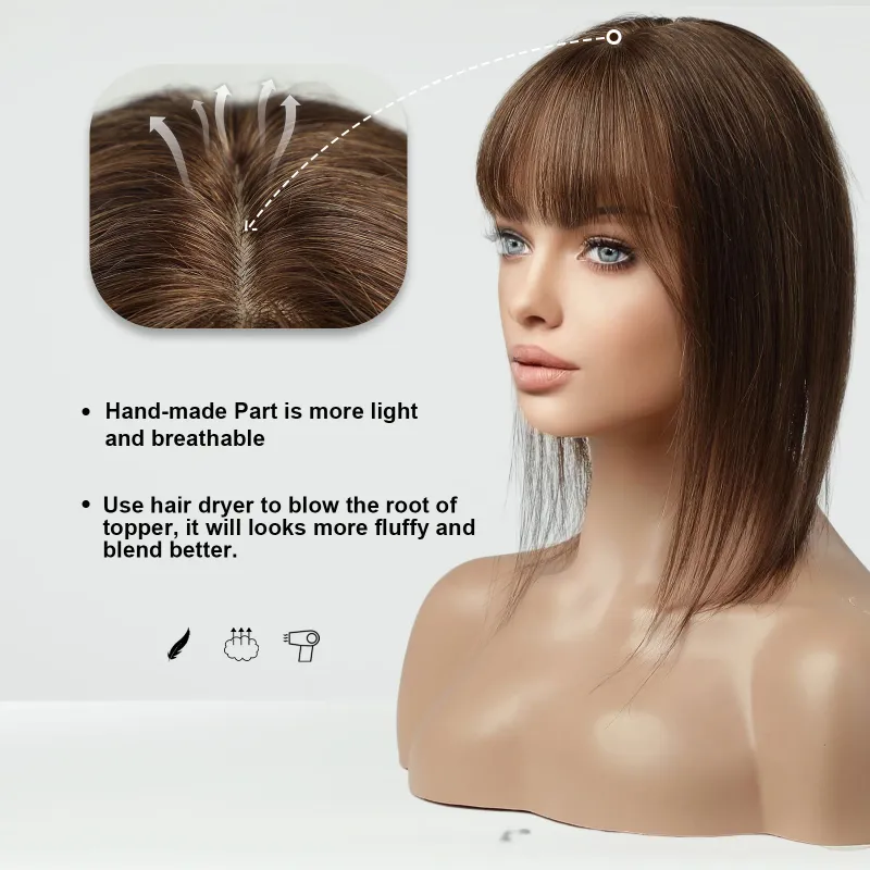 Topper per capelli umani Remy al 100% con frangia, toupee marrone, pezzi di capelli con base in seta, clip in topper, capelli per le donne, perdita di capelli_voghion.com
