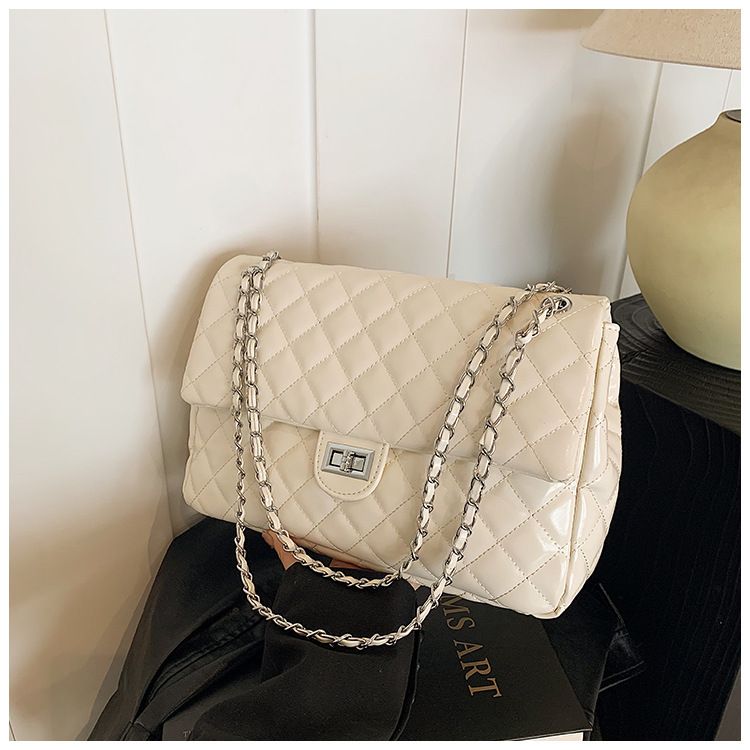 Borsa a tracolla trapuntata con catena lucida da aeroporto, grande capacità, da donna, per pendolari_voghion.com