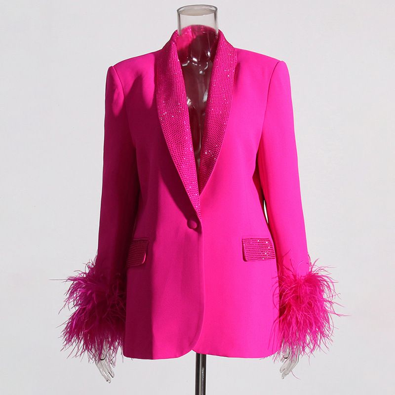 Abbigliamento da donna prepotente risvolto con disegno di diamanti caldi cuciture in piume di struzzo a maniche lunghe per donna_voghion.com