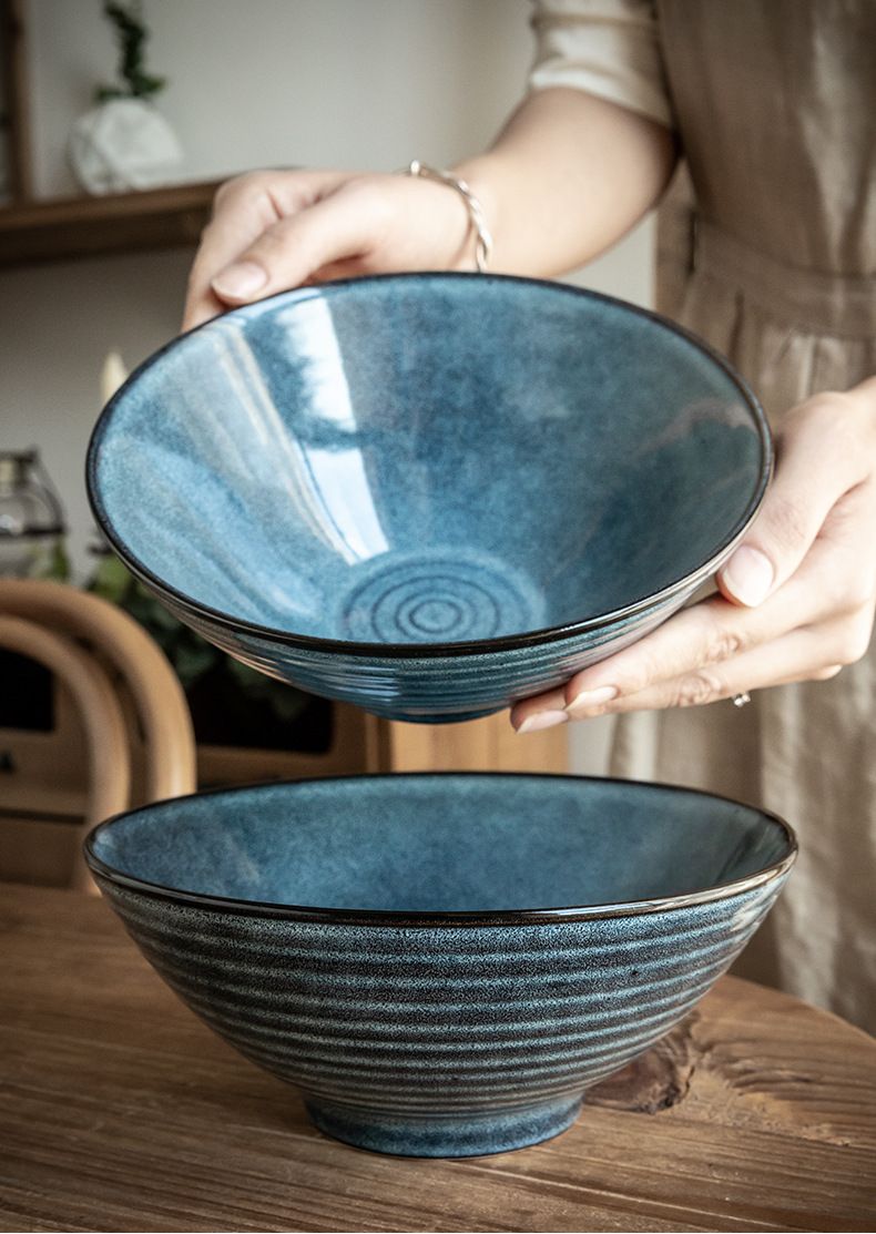 Sydney Blue Ceramic Bowl - 8 Inch Ramen Noodle Bowl With Ribbed Design (Retro Style Large Soup Bowl For Home & Restaurant Use)_voghion.com