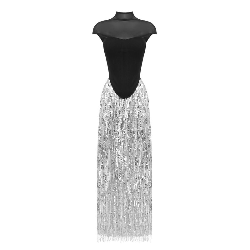 Summer New Style Sheer Top Tassel Sequin Long High Waist Half Skirt Two-Piece Women's Fashion Set_voghion.com