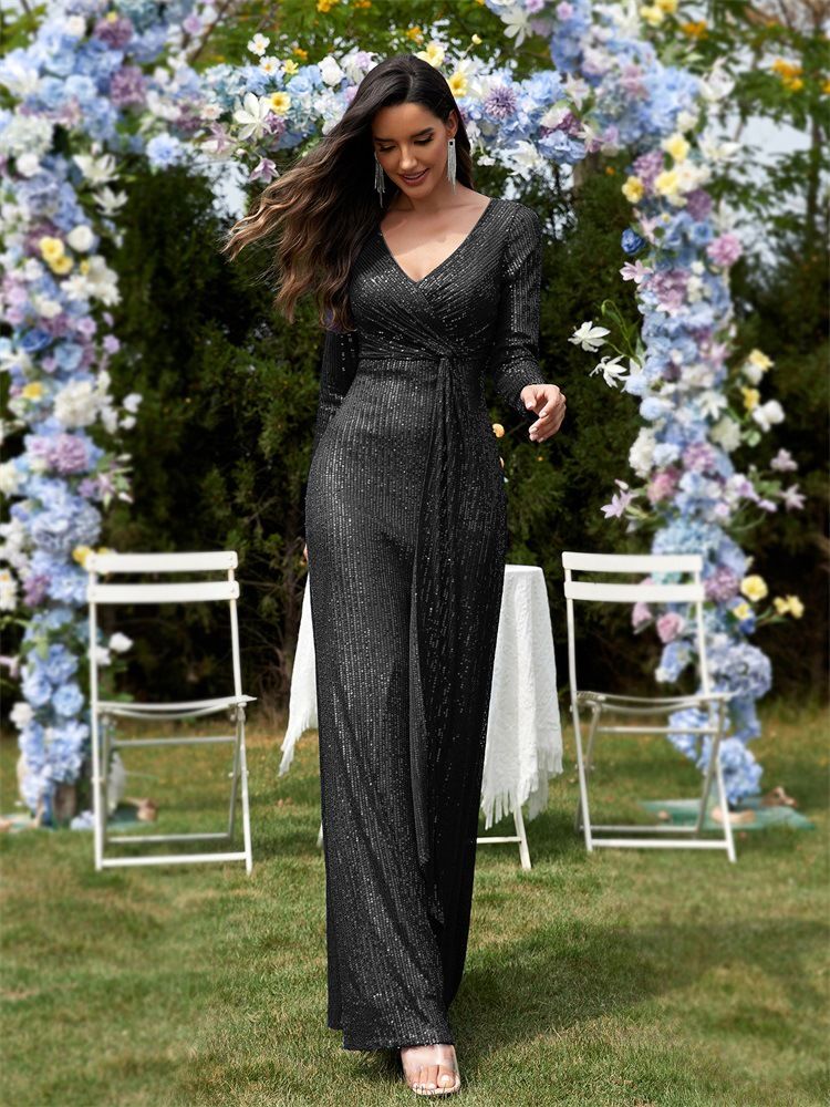 Abito da sera a sirena con scollo a V e maniche lunghe da donna_voghion.com