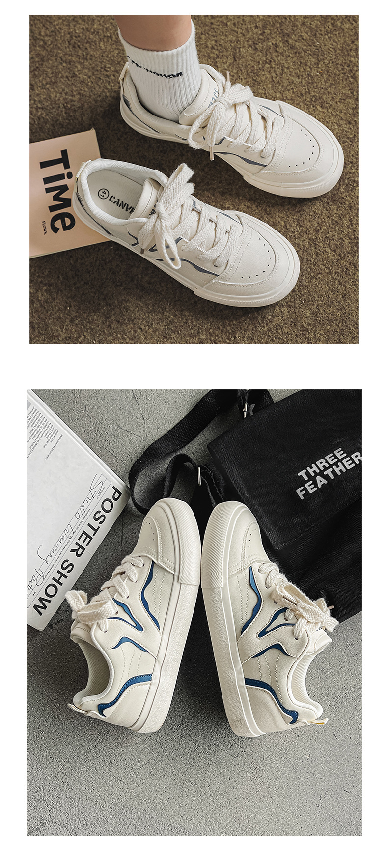 Scarpe da ginnastica in pelle color crema, versatili, casual, sportive, piccole, bianche, tendenza 7933_voghion.com