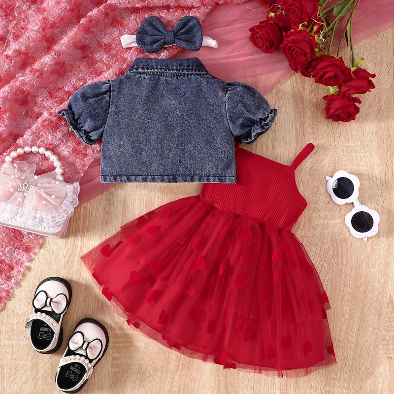 Kannerkleeder Summer Puppelchen Meedchen Kostüm Jeans Kuerzjackett Hosenträger Mesh Tüllrock_voghion.com