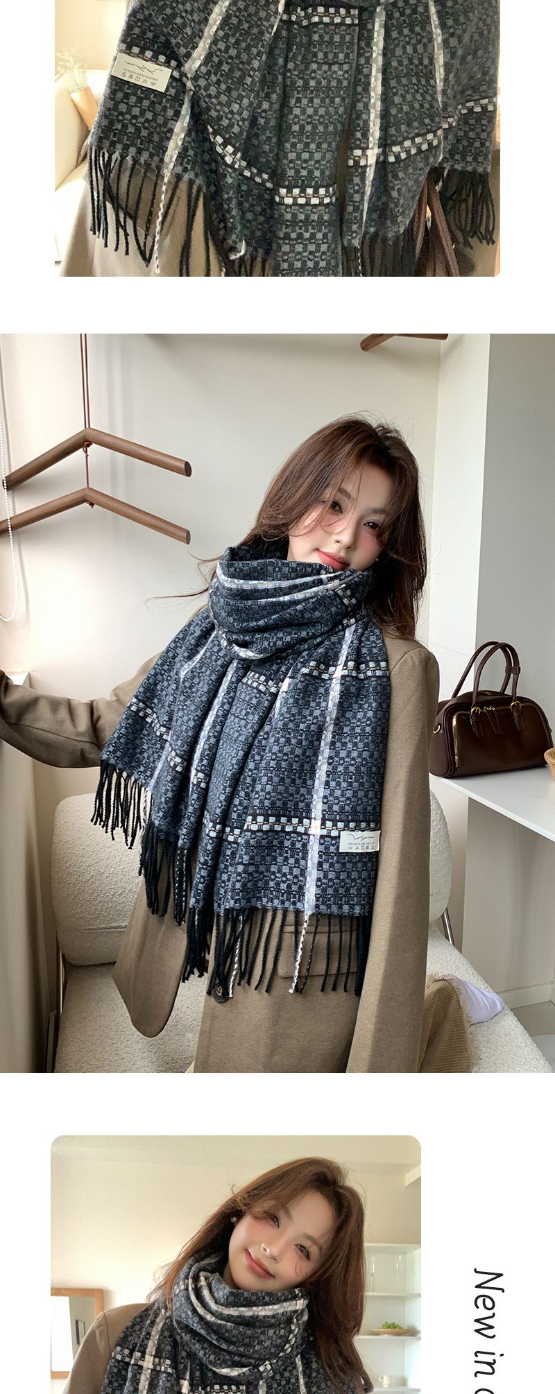 Autumn Winter New Solid Color Small Fragrant Wind Cashmere Scarf for Men Women, Long, Thickened, Warm and Neck_voghion.com