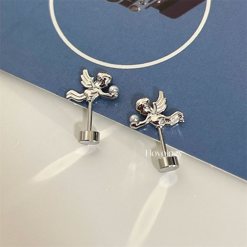 Orecchini a bottone in acciaio al titanio con vite a torsione, 3D, angelo dolce, personalità unica, Cupido, posizione alta_voghion.com