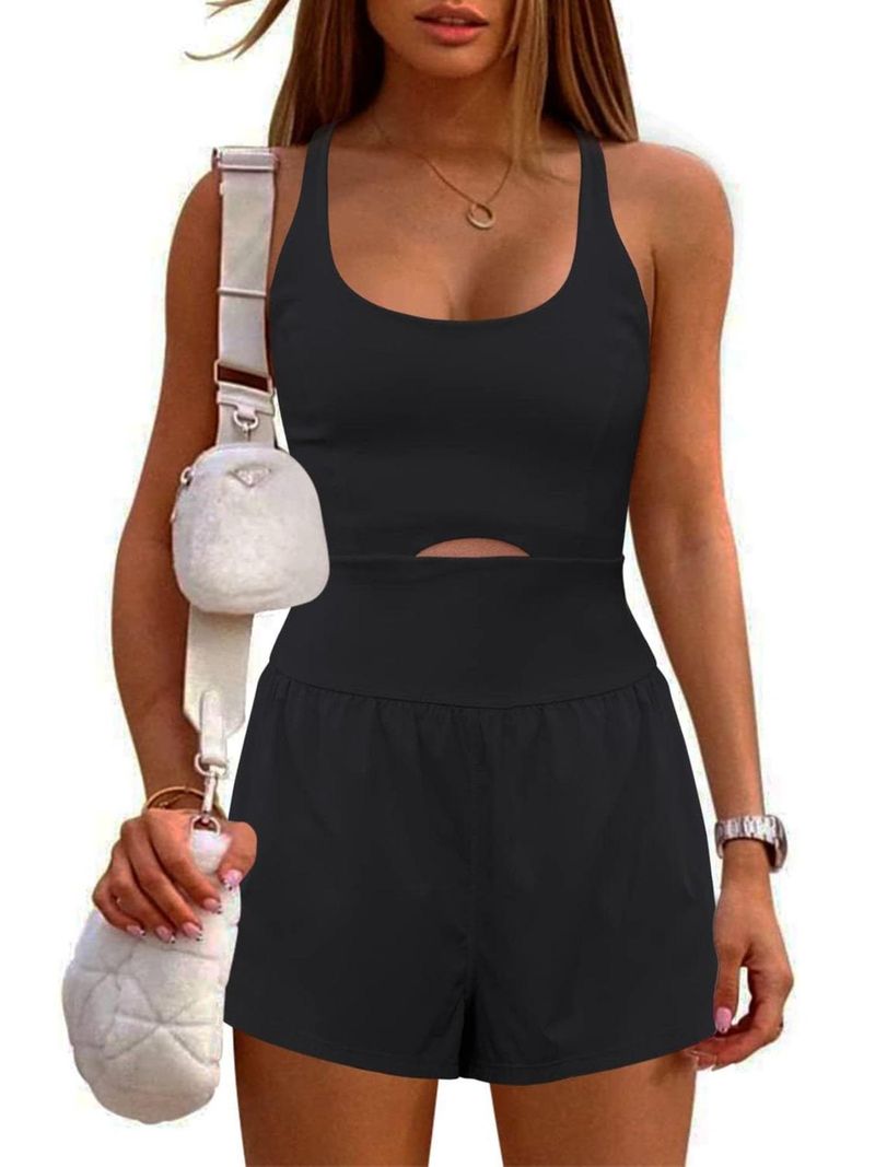 Tweedelige Illusion U-hals afslankende modieuze tanktop met aansluitende shorts, effen kleur, open rug, uitgeholde strakke romper voor dames_voghion.com