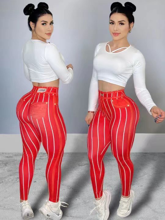 Pantalon de yoga imprimé ligne Imitation denim, taille haute, sexy, tendance, sport, fitness, pour femmes_voghion.com
