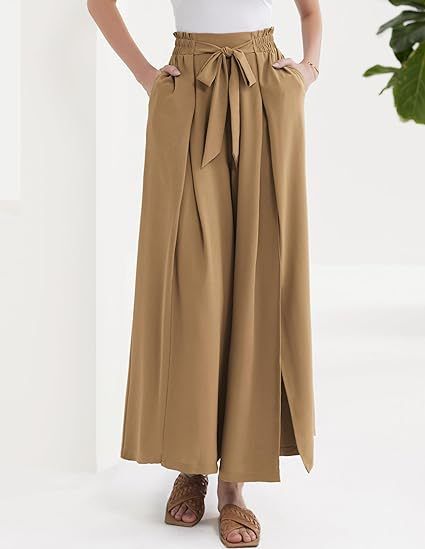 Calça Palazzo Feminina Leve, Casual, de Cintura Alta, com Bolsos e Fenda - Calça Larga e Flutuante para o Verão_voghion.com