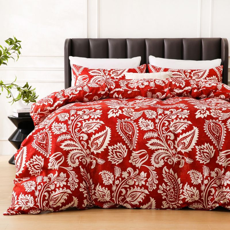 Parure de lit trois pièces en tissu textile doux avec housse de couette imprimée Perris rouge_voghion.com