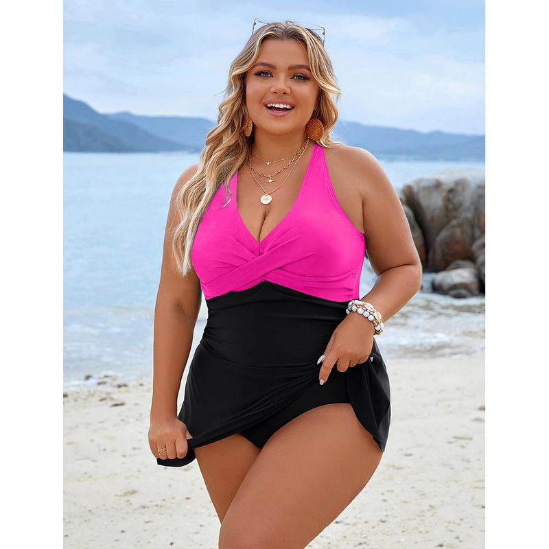 Plus Size Eendelig Badpak Voor Vrouwen - Hoog Getailleerd Bescheiden Badpak Met Kruisvormige Voorkant & Buikcontrole - Volledig_voghion.com