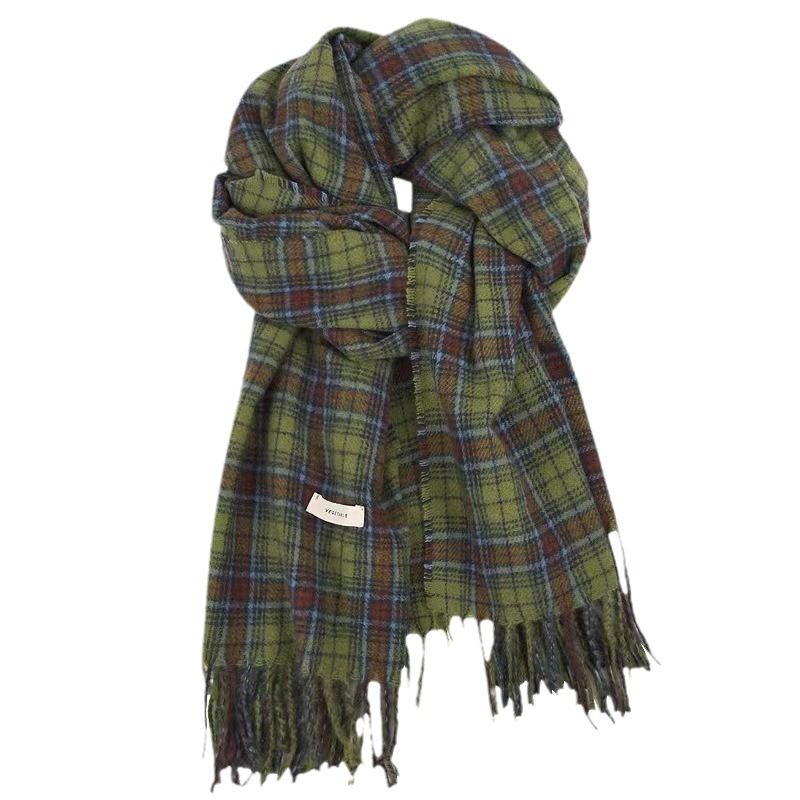 Bufanda chal coreana a cuadros verdes para mujer, otoño-invierno, versátil, gruesa y cálida de alta gama para hombre._voghion.com