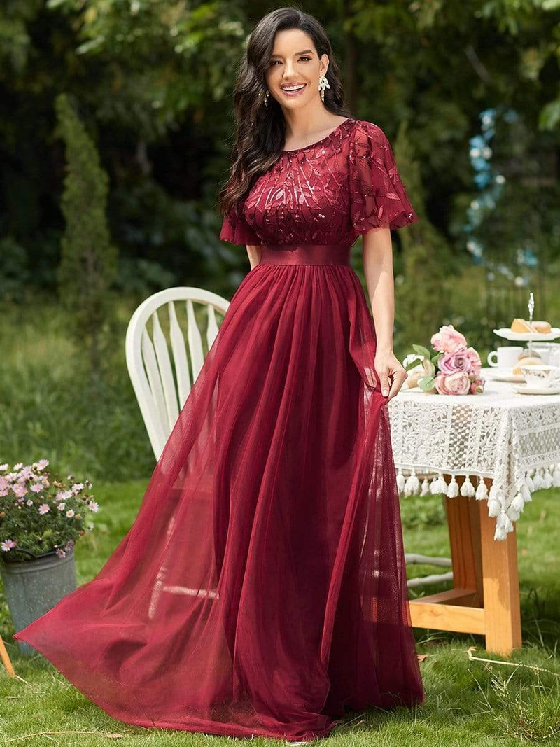 Robe De Soiree Bleščeče večerne obleke, dolge, a-kroja, O-izrez, formalne obleke s kratkimi rokavi, ženske, elegantne obleke, vestido iz tila z bleščicami_voghion.com