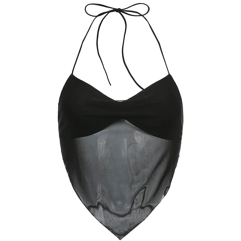 Early Winter Women's 2024 Fashion New Product Square Scarf Perspective Mesh Drawn Pleated Open Back Lace Up Suspended_voghion.com