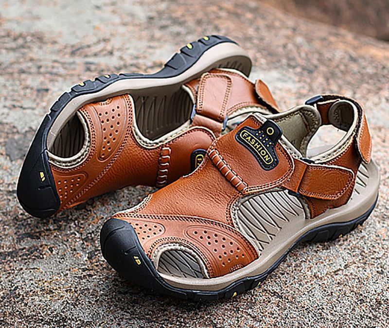 Men's Leather Sandals Closed-toe Sports Sandals soft insoles for Summer Shoes Lightweight and comfortable_voghion.com