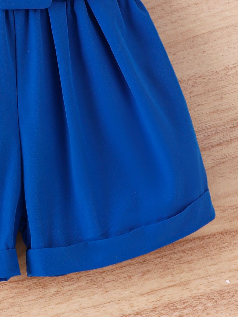 New Summer Girls' Set, Small Medium Children's Diagonal Shoulder Suspender with Flying Sleeves Top+Shorts and Hat Three_voghion.com