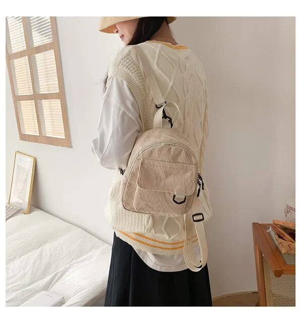 Mini zaino da donna alla moda Zaini piccoli in velluto a coste tinta unita Zaini da viaggio per studenti semplici e casual_voghion.com