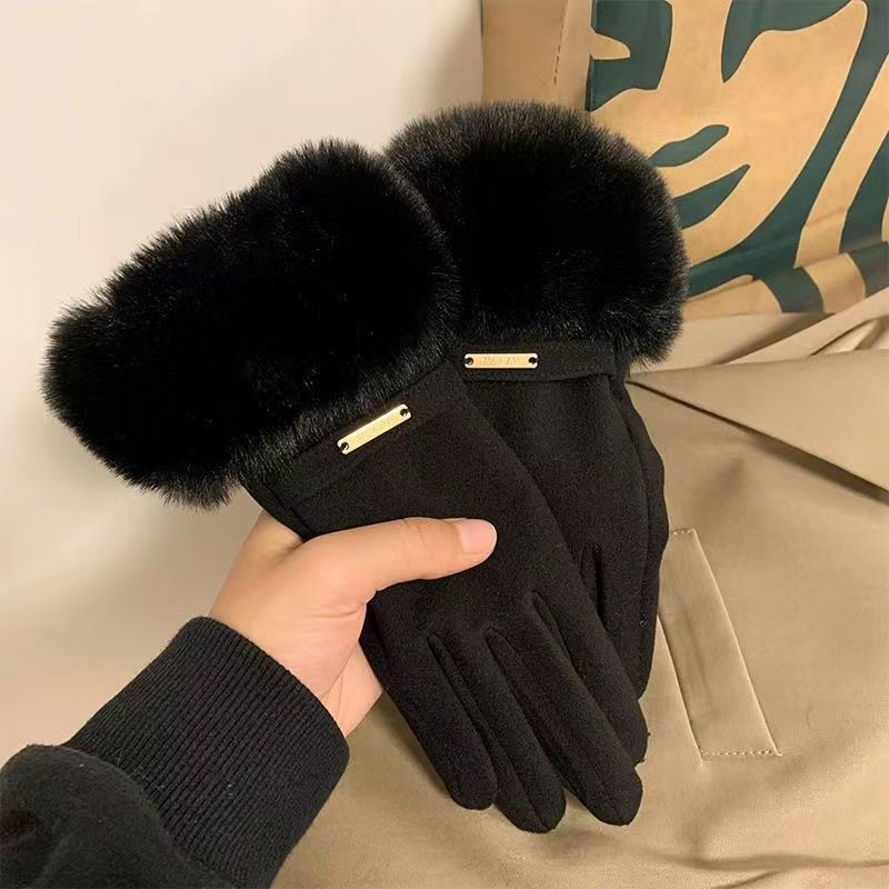 Guanti alla moda con bocca in pelliccia all'aperto in peluche da equitazione con dito, DeRong, calore addensato, dito, schermo tattile_voghion.com