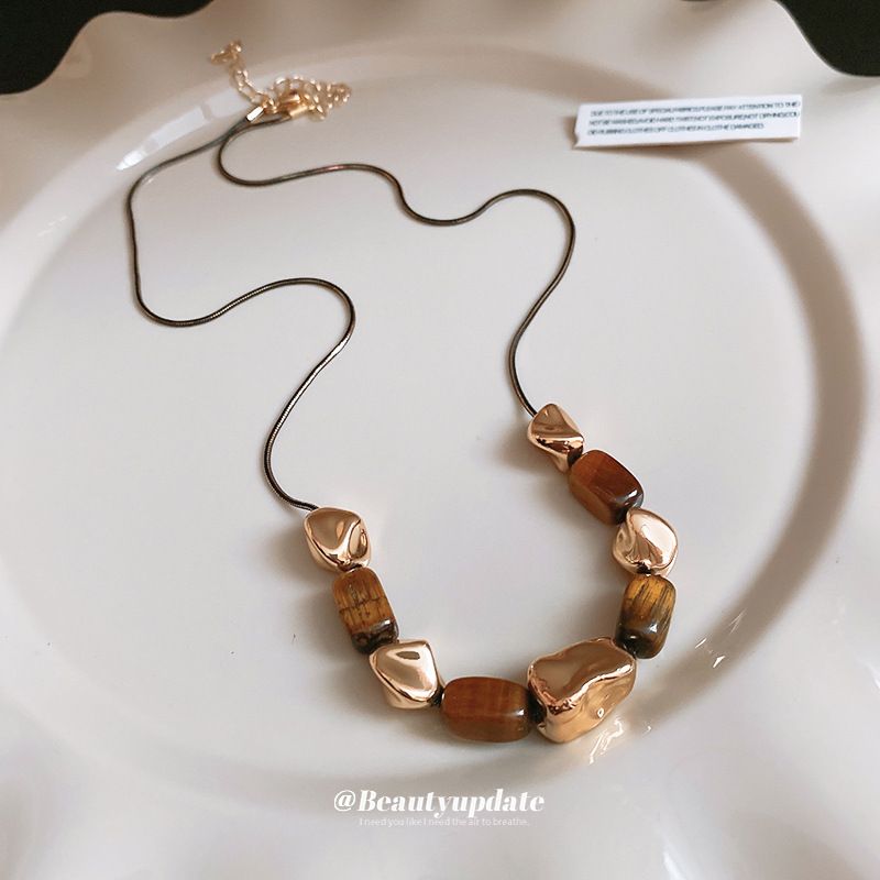 Collana con pietra occhio di tigre quadrata di Maillard per donna autunno inverno, piccola e unica, catena per clavicola, alta qualità._voghion.com